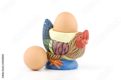 Rooster shaped egg holder with eggs