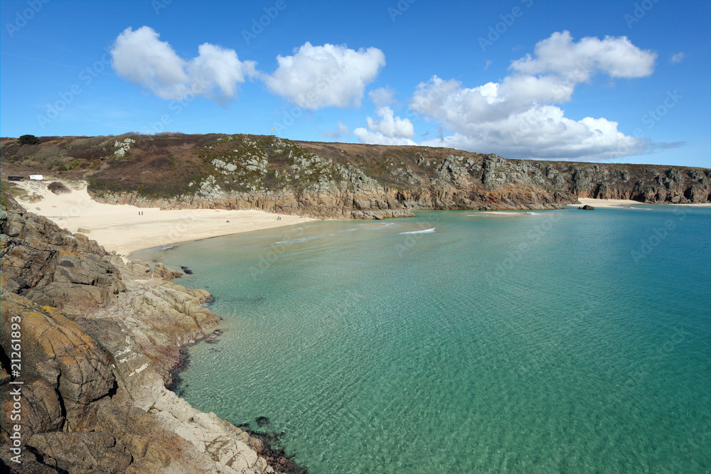 Porthcurno beach and turquoise sea, Cornwall UK.
