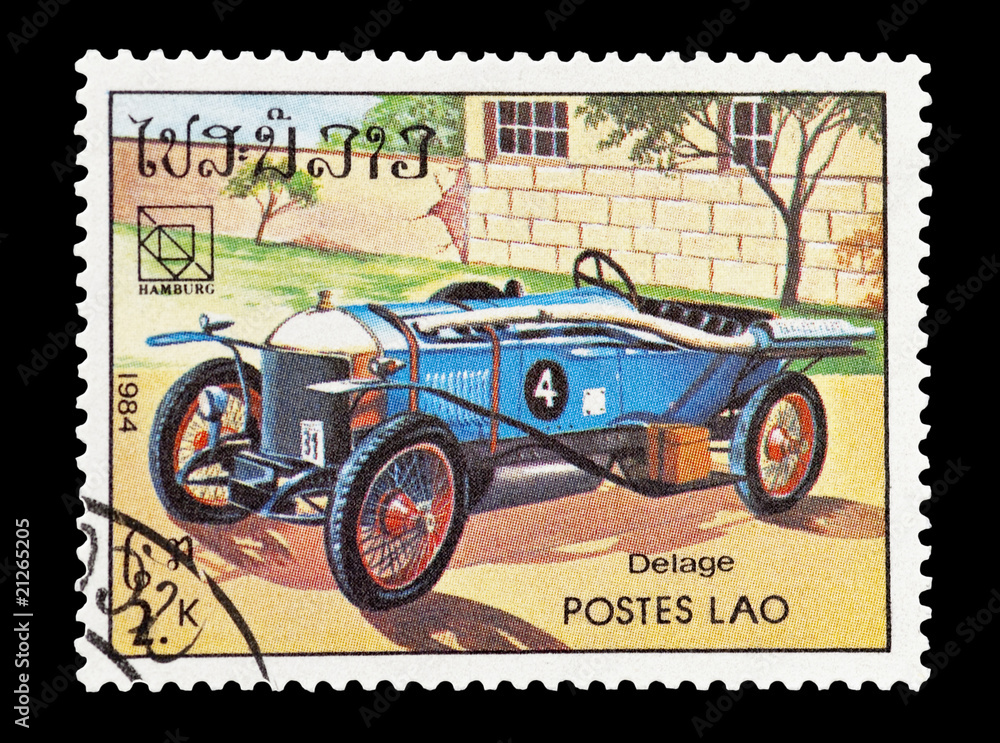stamp printed in Laos featuring a vintage Delage sports car