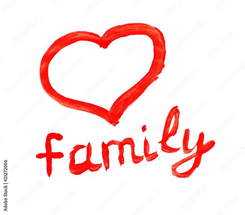 Family drawing and heart symbol isolated on white