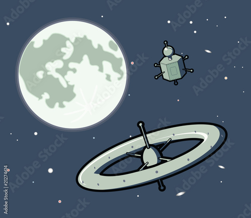 Two space machines travel around the Moon.