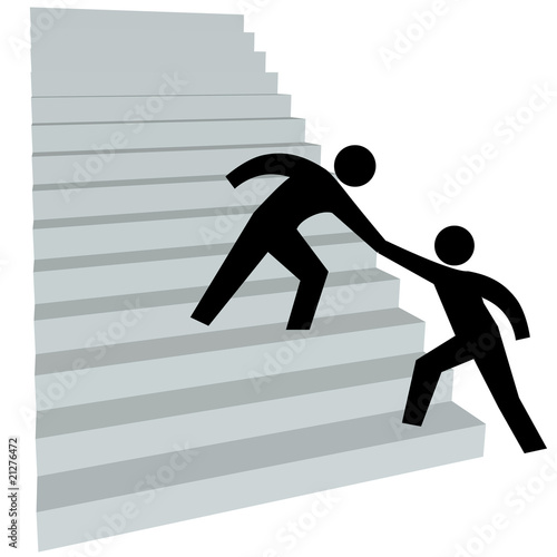 Helping hand to help friend up on stairway to top