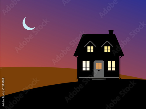 Old farmhouse with a moon on a night background, vector