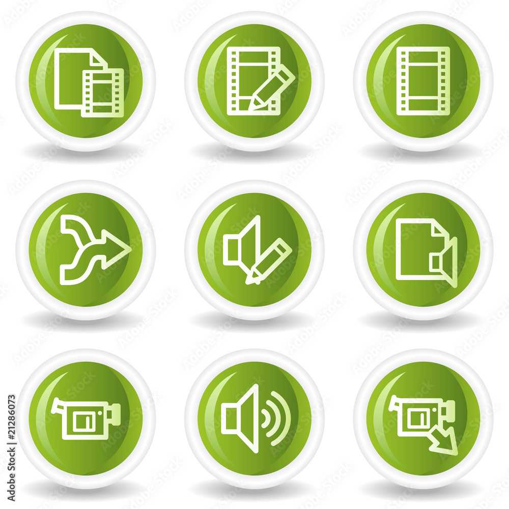 Audio video edit web icons, green circle buttons Audio video edit web icons, green circle buttons