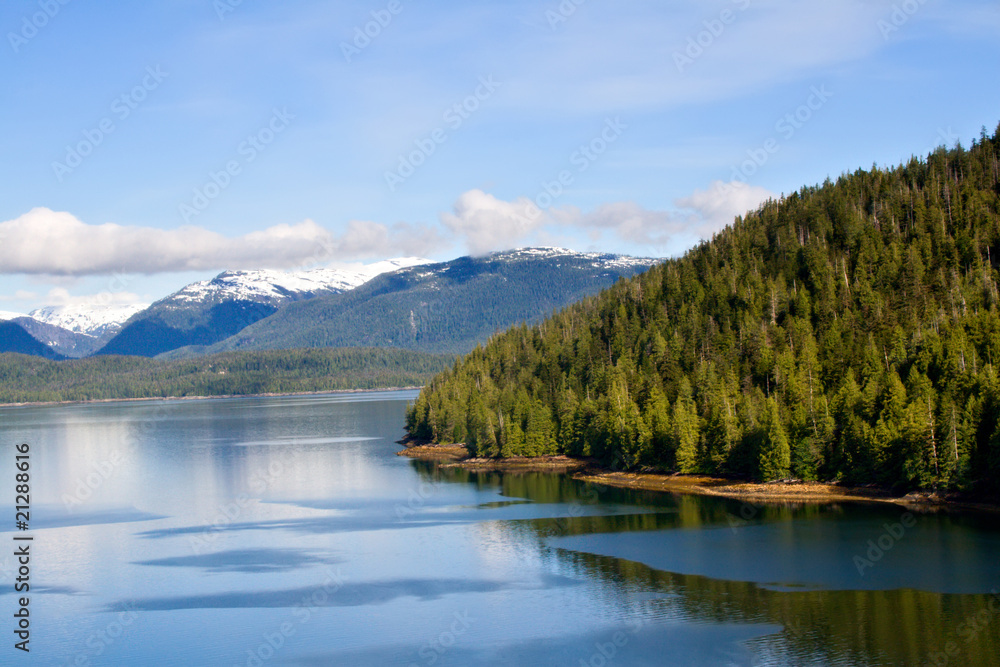 Alaskan forest coastline with mountains