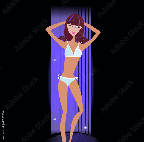 Solarium - young woman lying in Tanning bed. VECTOR