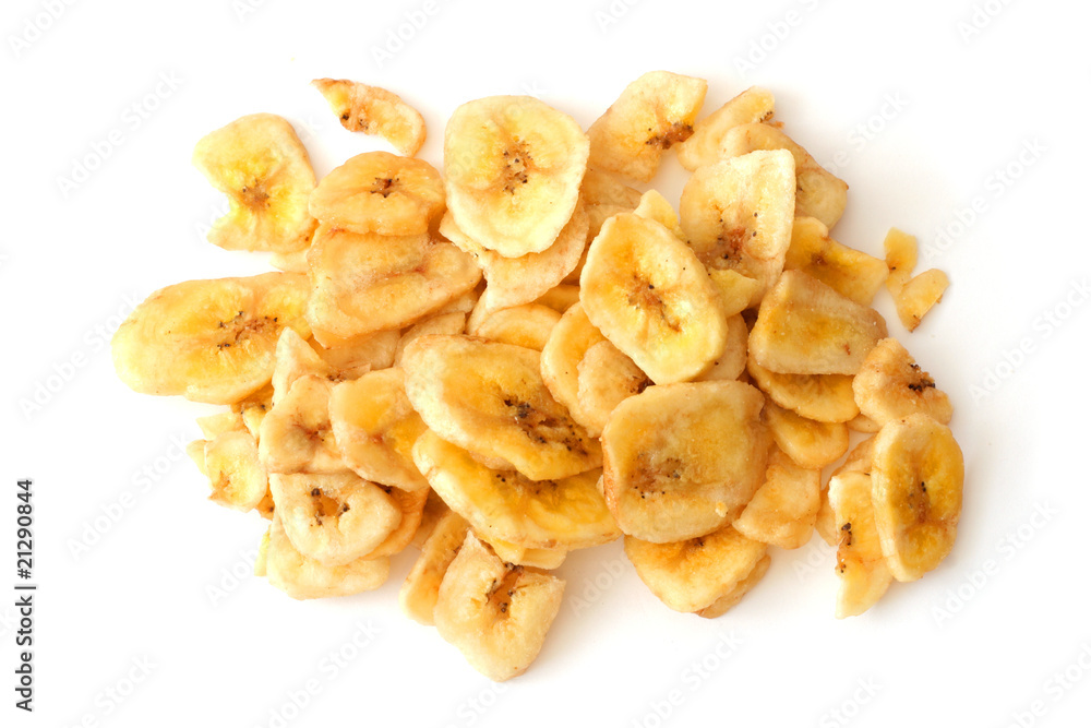 Crunchy banana chips isolated on white background