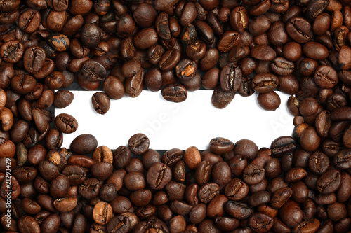 Coffee beans with blank white label in the middle