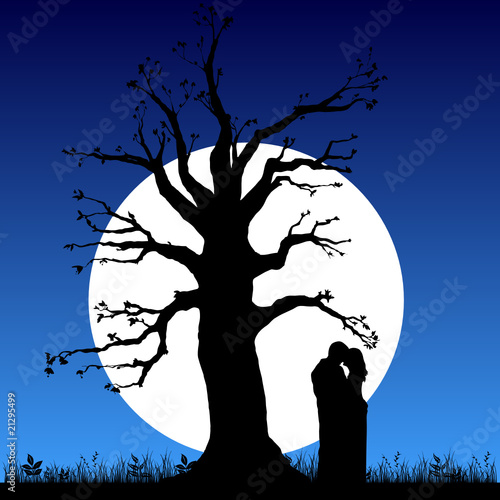 couple in love under a tree in the moonlight illustration