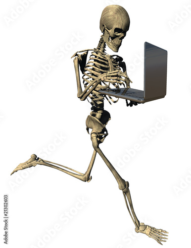 Running skeleton with laptop on white background