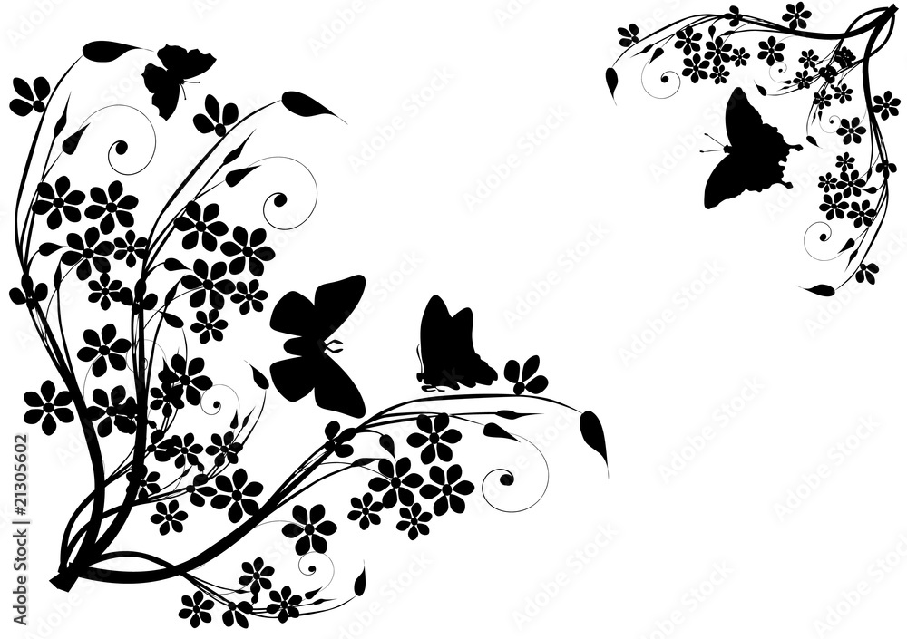 four black butterflies and flowers four black butterflies and flowers