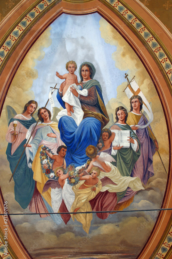Naklejka premium Blessed Virgin Mary with baby Jesus, saints and angels