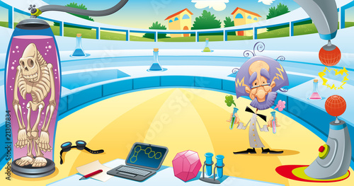 Mad scientist in the laboratory. Vector illustration.