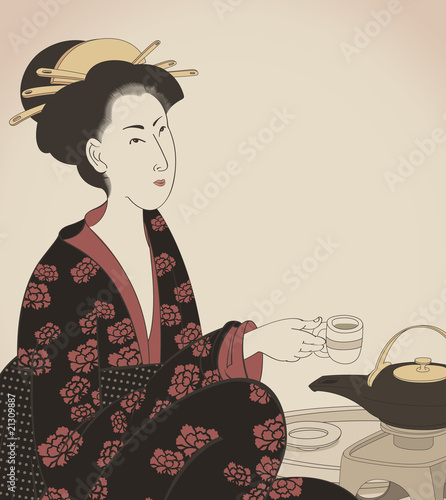 detail of a woman drinking tea- Japanese style drawing- vector