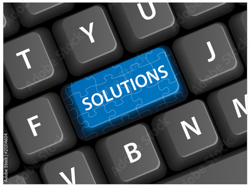 "SOLUTIONS" key on keyboard (business puzzle vector)