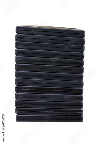Pile of DVD boxes isolated on white background..