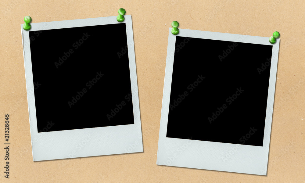 two polaroid photos hung on bulletin board Stock Photo | Adobe Stock