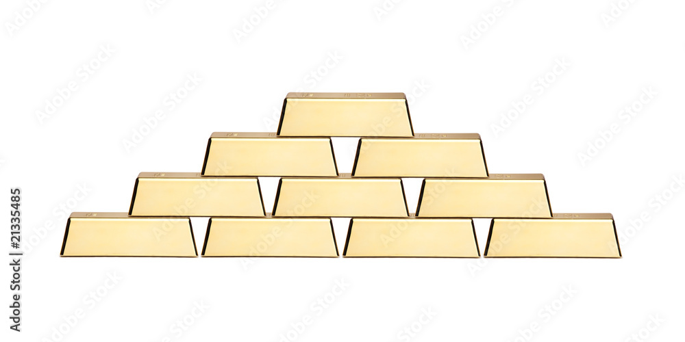 A view of a stack of gold bars isolated on white background