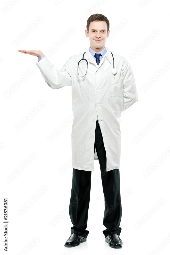 A young male doctor against white background A young male doctor against white background