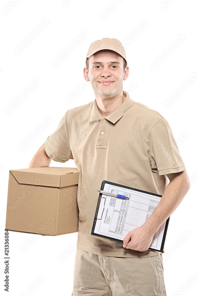 A delivery man bringing a package and holding out a clipboard A delivery man bringing a package and holding out a clipboard