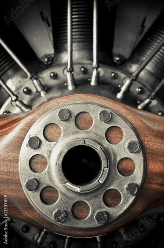 Canvas Print wooden aircraft propeller and engine cylinders