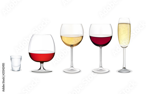 Glass of red and white wine, champagne, cognac and vodka.