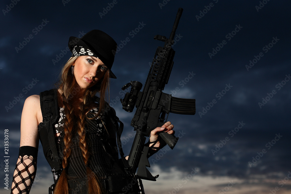 Sexy woman with assault rifle out at night Sexy woman with assault rifle out at night