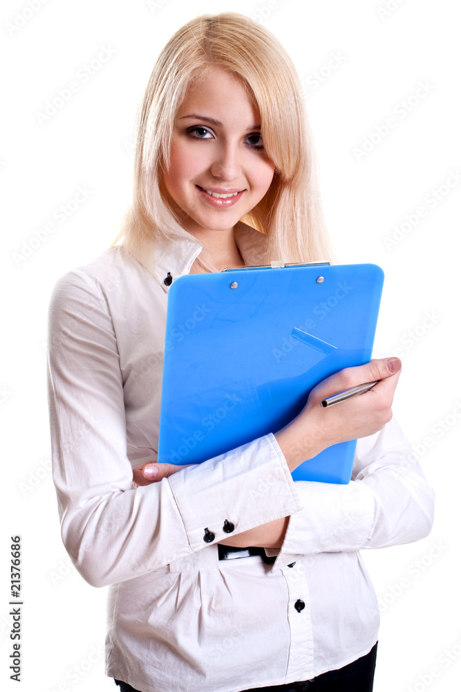 business woman in a suit with clipboard