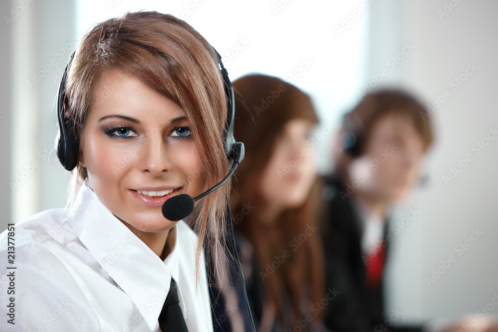 Beautiful representative smiling call center woman with headset. Beautiful representative smiling call center woman with headset.