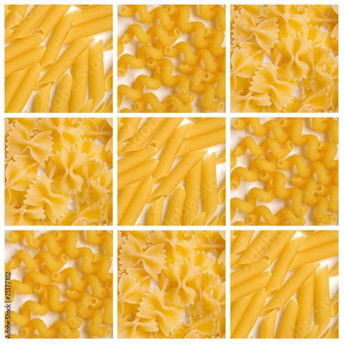 Mosaïque de pâtes alimentaires, penne farfalle et cellentani photo