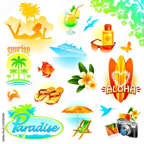 Tropical resort, travel and exotic holidays vector set