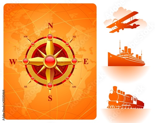 Compass rose, world map and retro transport
