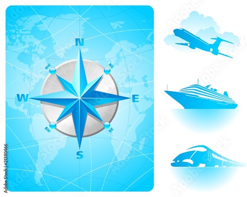 Compass rose, world map background and transport