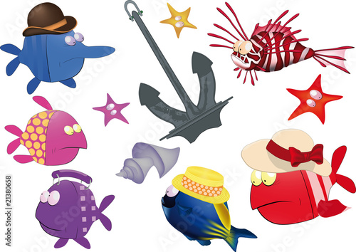 set of small fishes and anchor