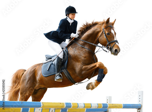 Young girl jumping with sorrel horse - isolated on white