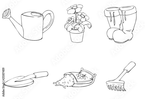 Gießkanne, Schaufel, Harke, Blume, Blumenerde, Gummistiefel
