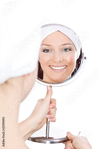 White caucasian blond woman mirror reflection