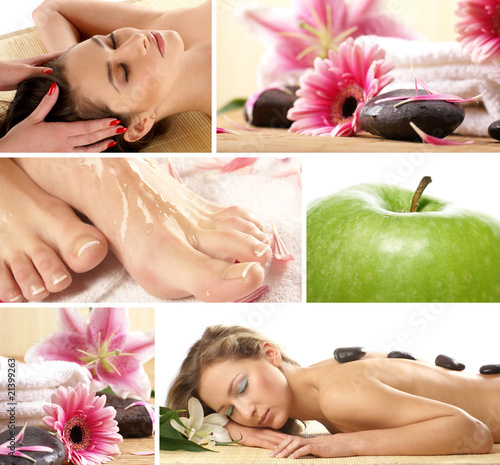 Collage of different spa treatment images with women and flowers