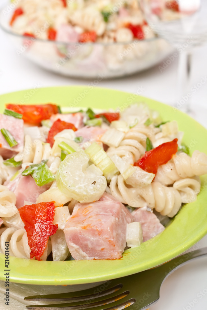 Serving of pasta, turkey, celery and fried tomatoes salad Serving of pasta, turkey, celery and fried tomatoes salad
