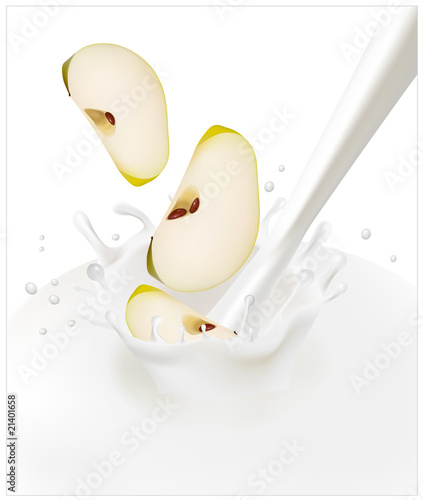 Red green apples falling into the milky splash.