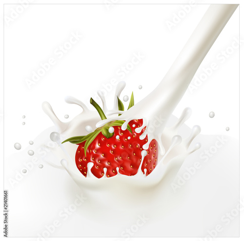 Red ripe  strawberry falling into the milky splash.