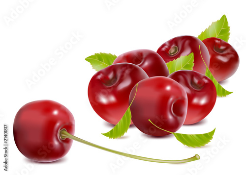 Photo-realistic vector. Ripe cherries with leaves.