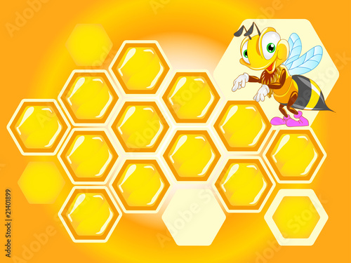 background with honeycomb and funny bee