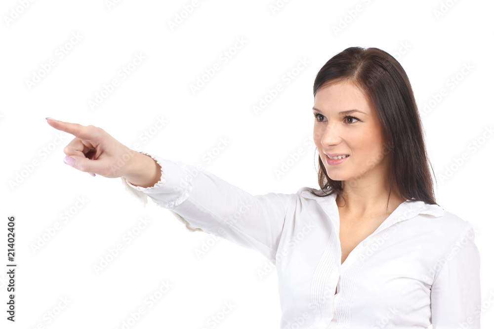 Businesswoman holding one hand forward Businesswoman holding one hand forward