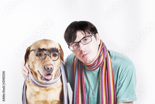 man  in glasses and dog in glasses