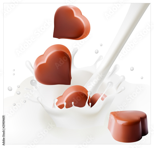 Chocolate candies falling into the milky splash.