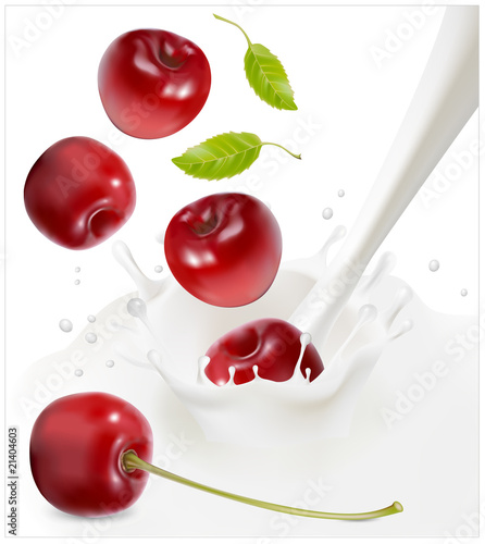 Ripe red cherries falling into the milky splash.