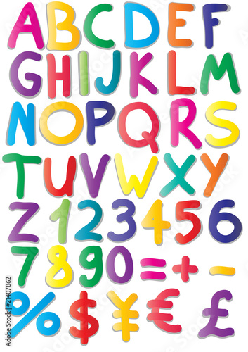 magnets of alphabet, numbers, maths, currencies