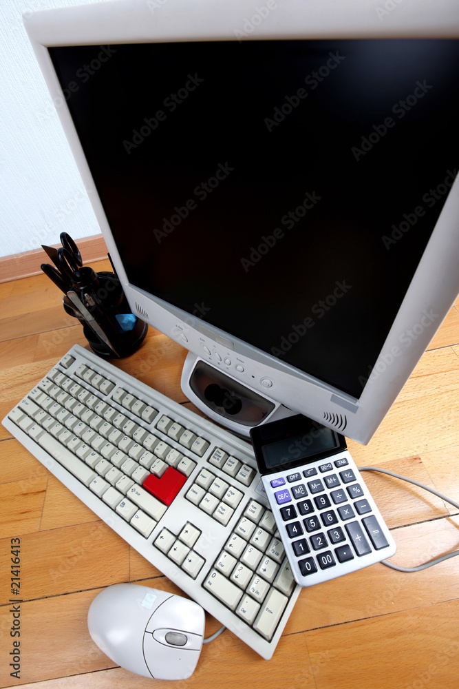 classic work place - keyboard and monitor at table classic work place - keyboard and monitor at table