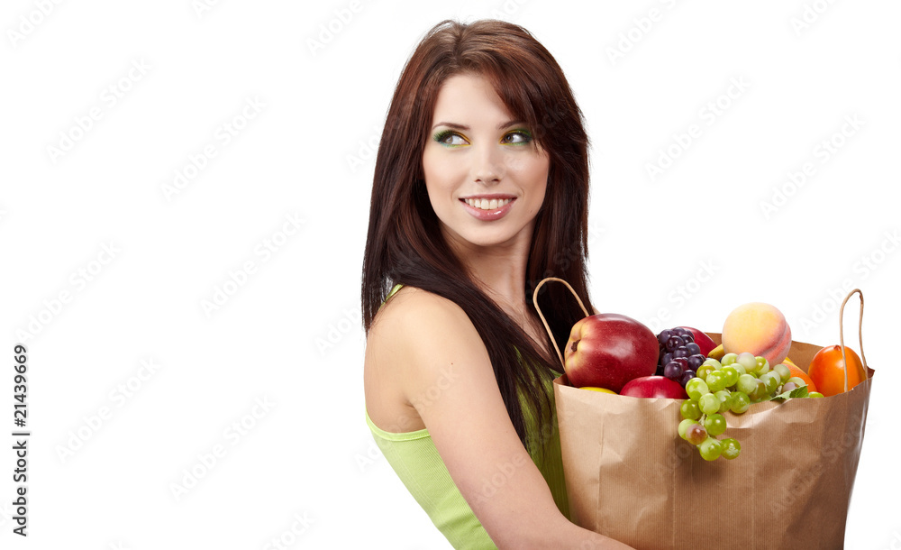 woman holding a bag full of fresh and healthy food. woman holding a bag full of fresh and healthy food.